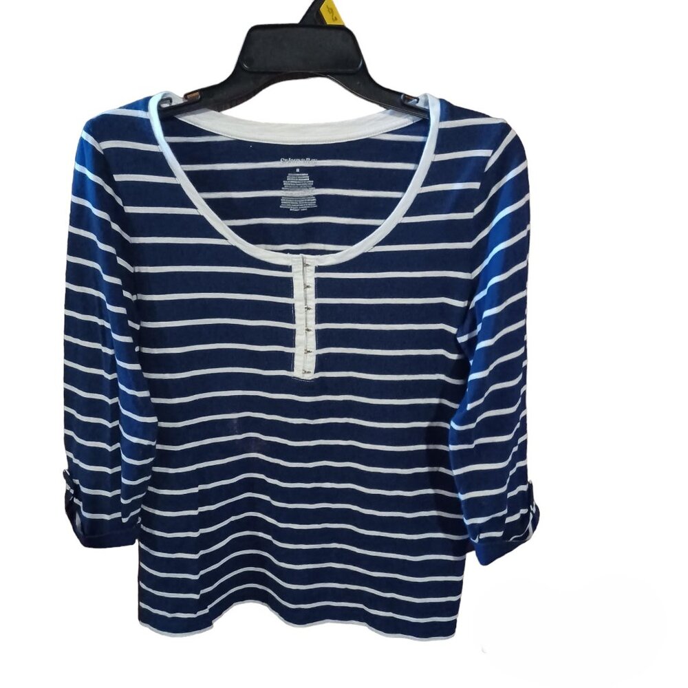 St. John's Bay Navy & White Striped Top Button Cuff Sleeves - Picture 1 of 4